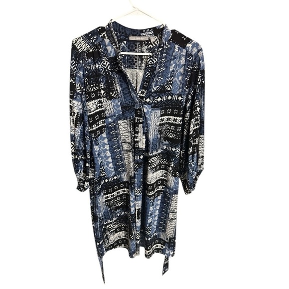 NY Collection Belted Shirt Dress | Size L | Blue & Black Patchwork Print - Picture 3 of 7
